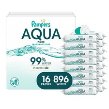 Pampers Aqua Pure Baby Wipes, 99 Water, Fragrance 56 Count Pack of 16 