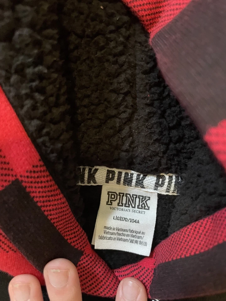 ROSA Victoria's Secret Sudadera Para Mujer Talla Grande Negra Sherpa Sudadera con Capucha Roja a Cuadros Foto 2 de 2