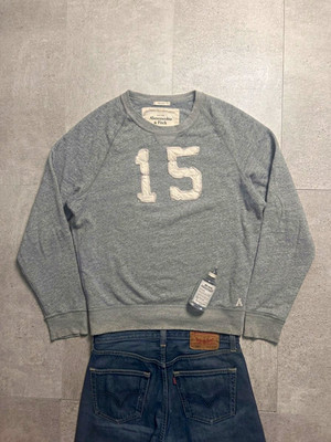 Abercrombie & Fitch Herren Pullover M Grau Strick Rundhals Langarm Stickerei 15