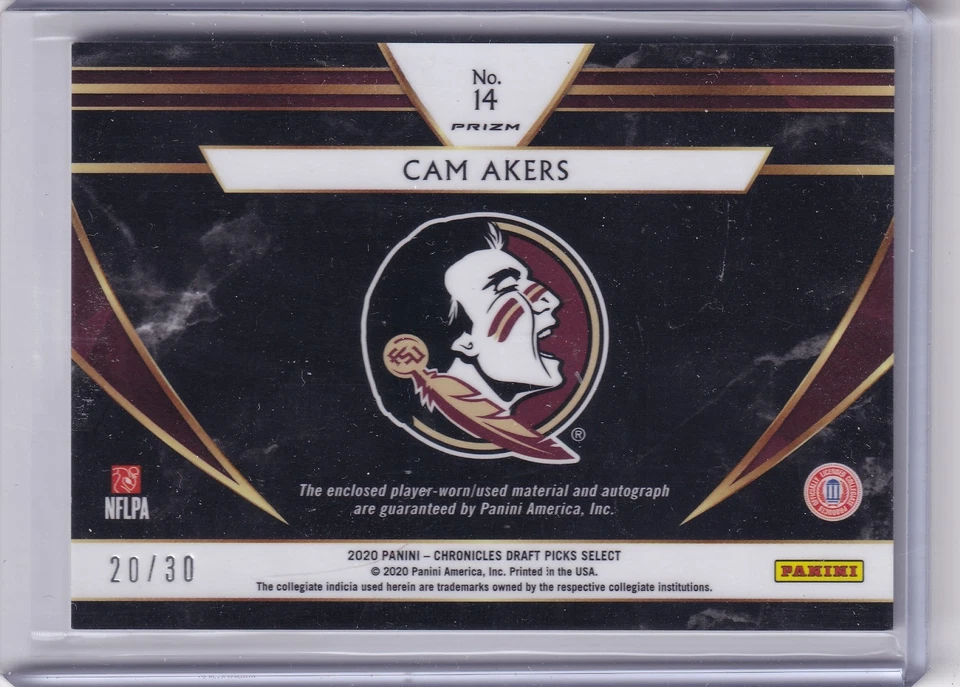 Cam Akers 2020 Panini Select Draft Picks Purple Power Prizm Rpa Rc Auto (20/30) - Image 2 of 2