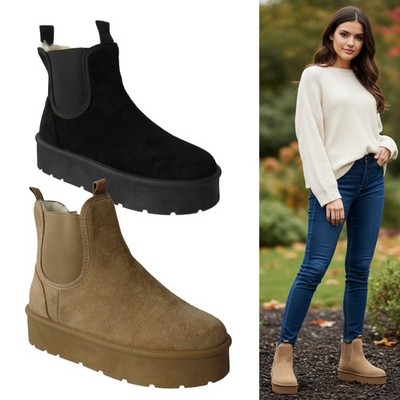 DAMEN PLATEAU FELL GEFÜTTERT KUSCHELIG WINTER STIEFELETTEN SCHUHE GRÖSSE 3 4 5 6 7 8