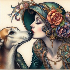 Art Deco Style Lady With Greyhound, Lurcher,  Greeting Card