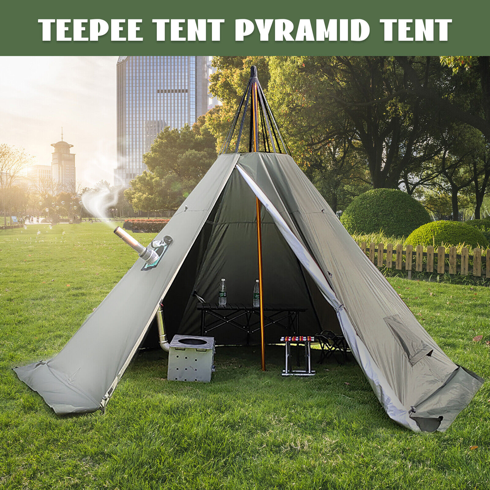 Camping Teepee Tent 2 Doors 4-Season Removable Top Cover Lightweight Outdoor 