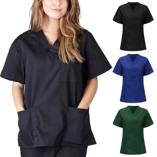 Men Women Workwear V-neck Short Sleeve Scrub Nursing Uniform Blouse with Pocket - Picture 1 of 33