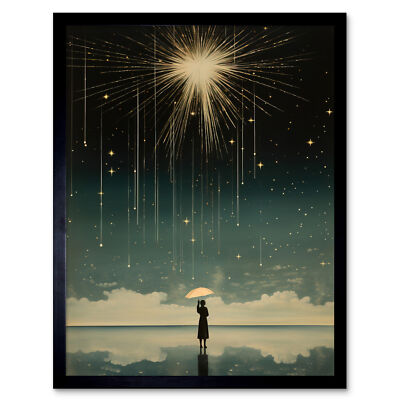 Falling Star Rain Dreamy Bright Star Wish Woman Umbrella Framed Wall Art 12x16