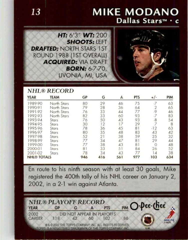 2002-03 O-Pee-Chee Mike Modano #13 - Image 2 of 2