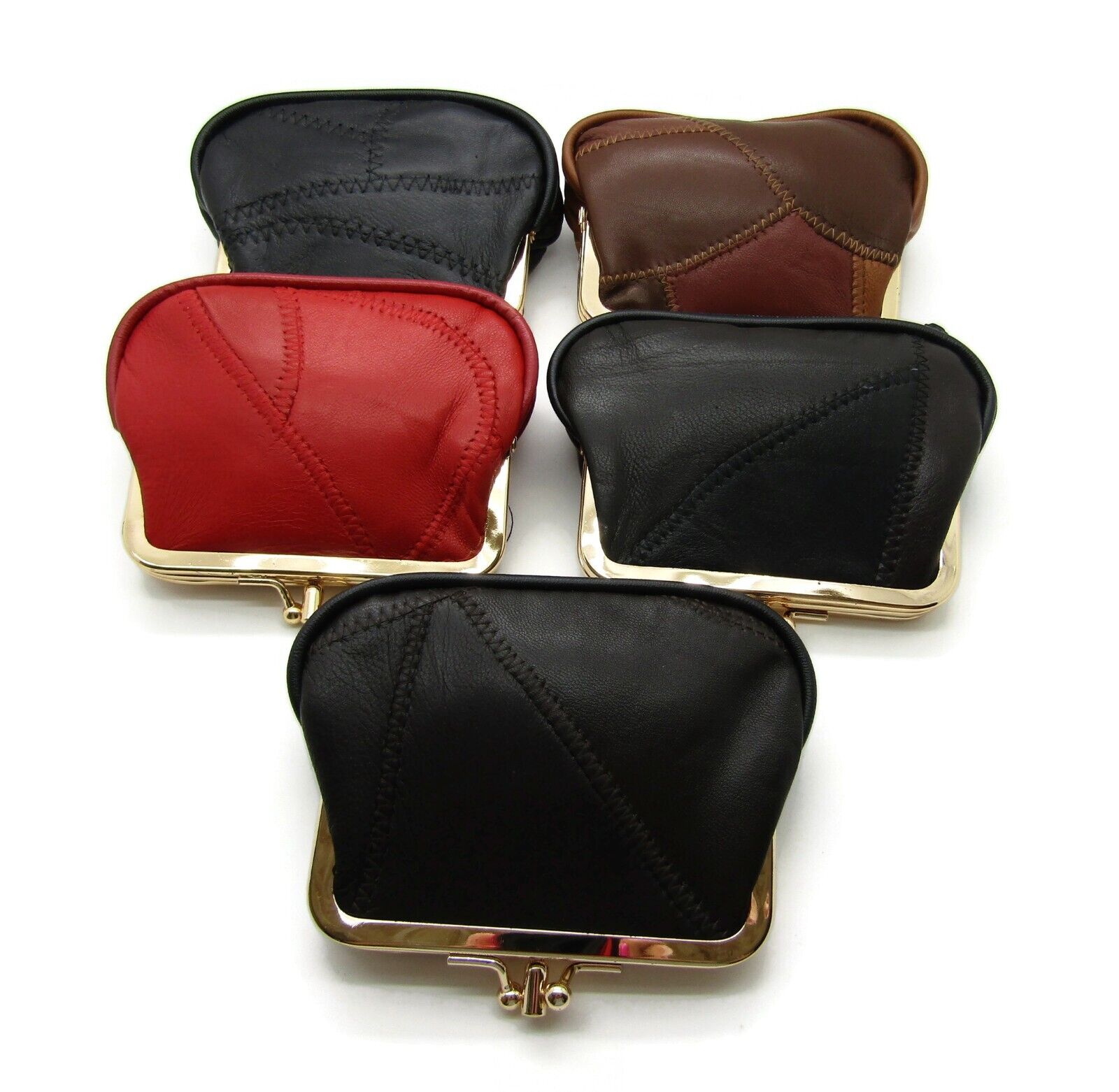 Ladies Small Genuine Leather Patchwork Purse Clip Top Twin Pouches Bottom Zip 