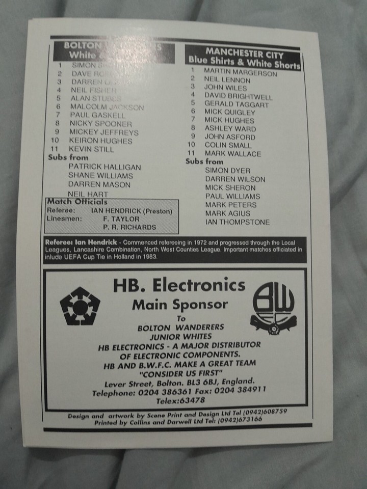 1988/89 BOLTON WANDERERS V MANCHESTER CITY FA YOUTH CUP SEMI FINAL eBay