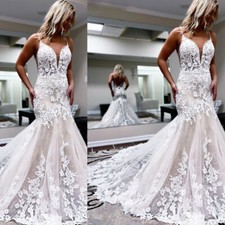 Spaghetti Strap Mermaid Wedding Dresses Lace Appilques Bridal Gowns Sweep Train