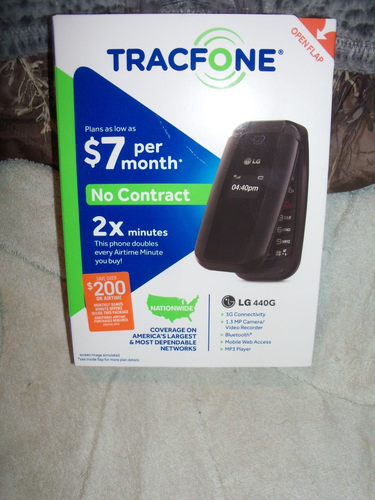 NEW TRACFONE LG 440G BLACK FLIP CELLULAR PHONE, 3G 1.3 MP CAMERA, 2x MINUTES NIB