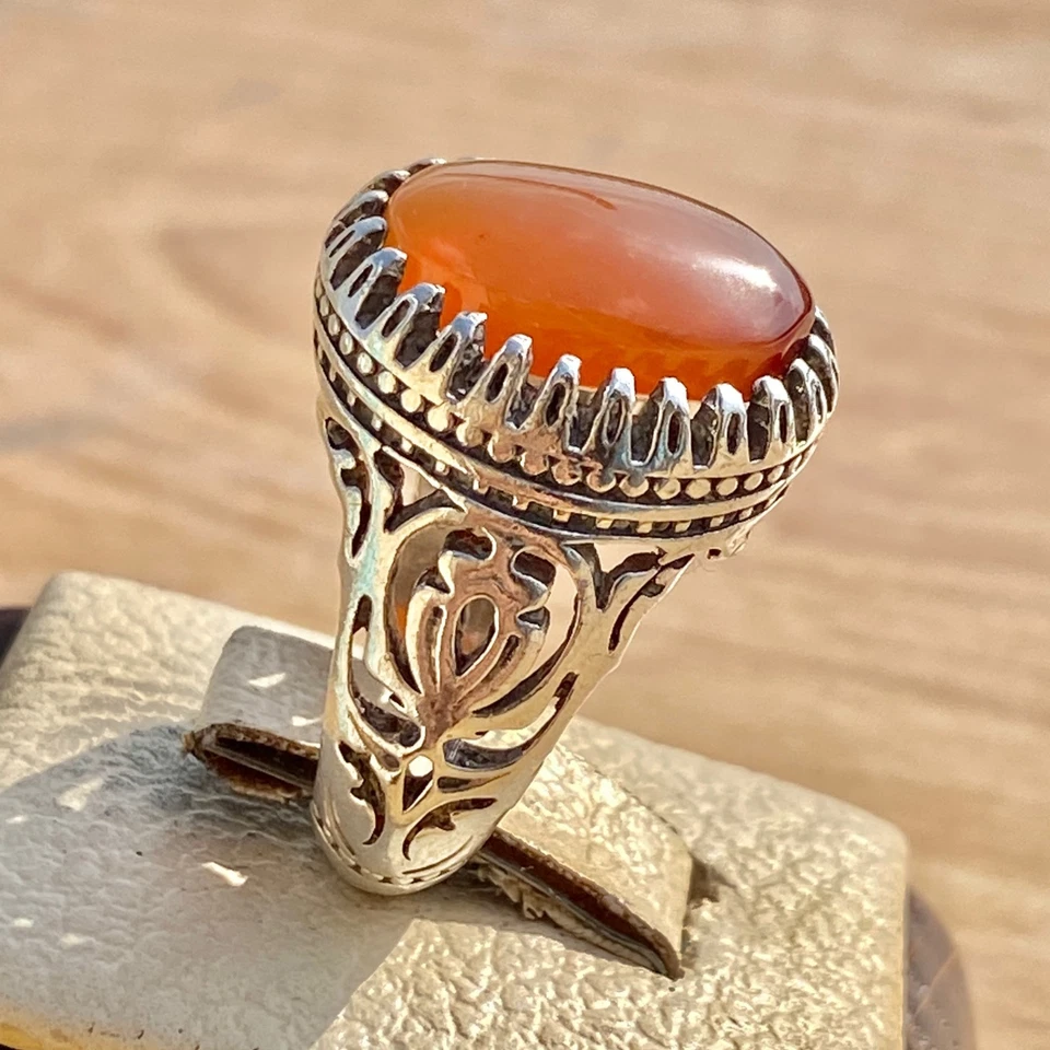 ANILLO Rojo Antiguo Yemení Ágata Anillo Aqeeq para Hombre en Plata de Ley 925 Hecho a Mano Foto 2 de 4