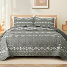 Reversible Grey Print Quilt King Size with 2 Pillow Shams  Lightweight Boho Str