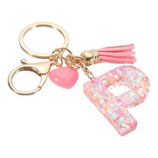 Initial Letter Keychain, Letter P Heart Design Charm with Tassels, Pink