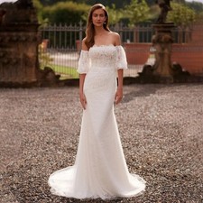 Lace Applique Backless Wedding Dress Lantern Sleeve Strapless Mermaid Bride Gown