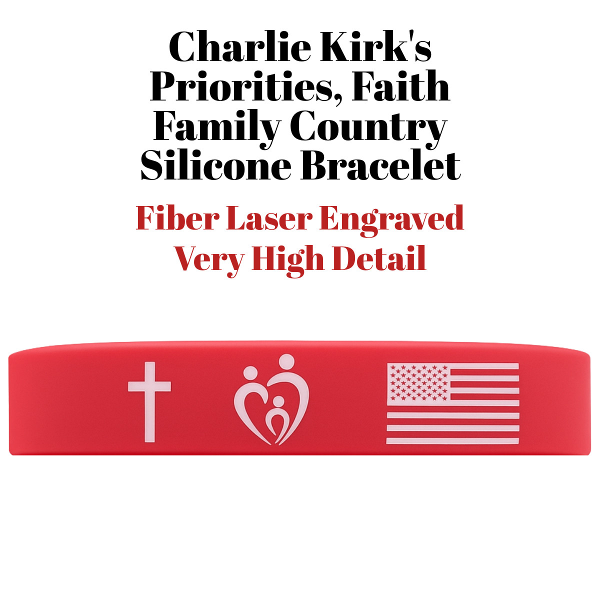 7.5" Engraved Red Bracelet: | Charlie Kirk | Freedom, Faith, Family, Country
