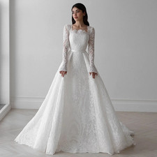 Lace Wedding Dresses Square Neck Long Sleeves Sweep Train Bridal Gowns Vestidos