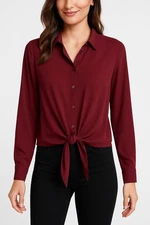 Express Portofino Blouse L Burgundy Red Long Sleeve Satin Button Up Front Tie