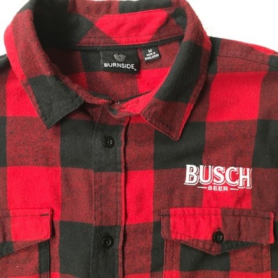 Busch Beer Mens M Buffalo Plaid Flannel Shirt Button Up Lumberjack Americana