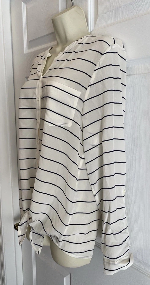Blusa Joie para mujer 100 % seda cuello en V manga larga blanca y azul marino a rayas talla S nueva con etiquetas Foto 3 de 4
