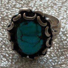 Antique Silver Ring with Oval Blue Turquoise Stone and Ornate Setting