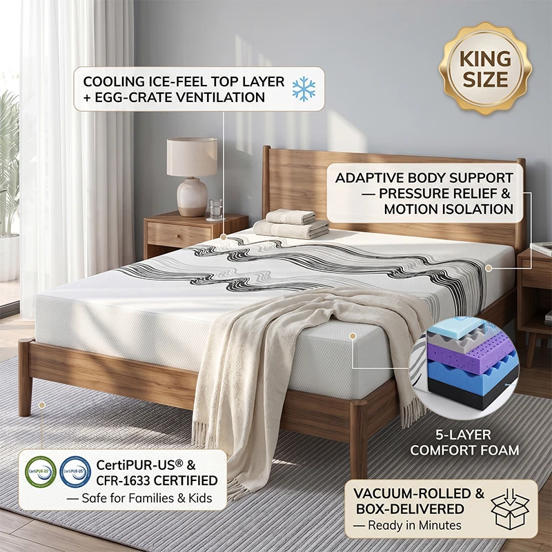King Size Memory Foam Mattress Vacuum Rolled Box Delivery Easy Setup for All Fra