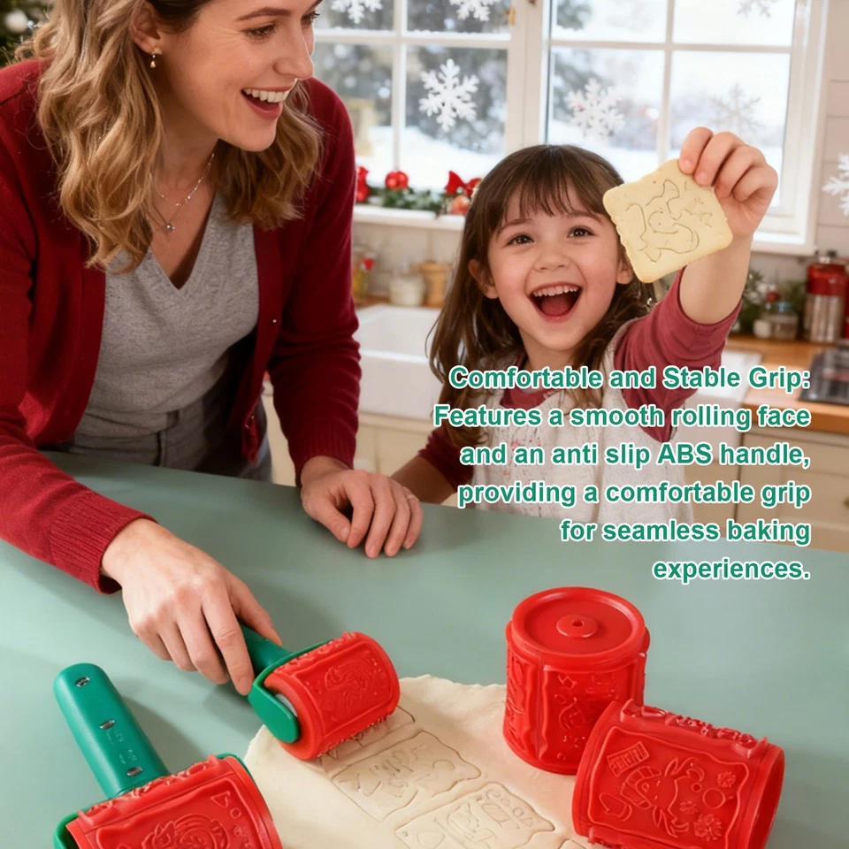 Christmas Rolling Pin Cookie Mold Baking Embossed Cutter Red Roller - Image 4 of 4