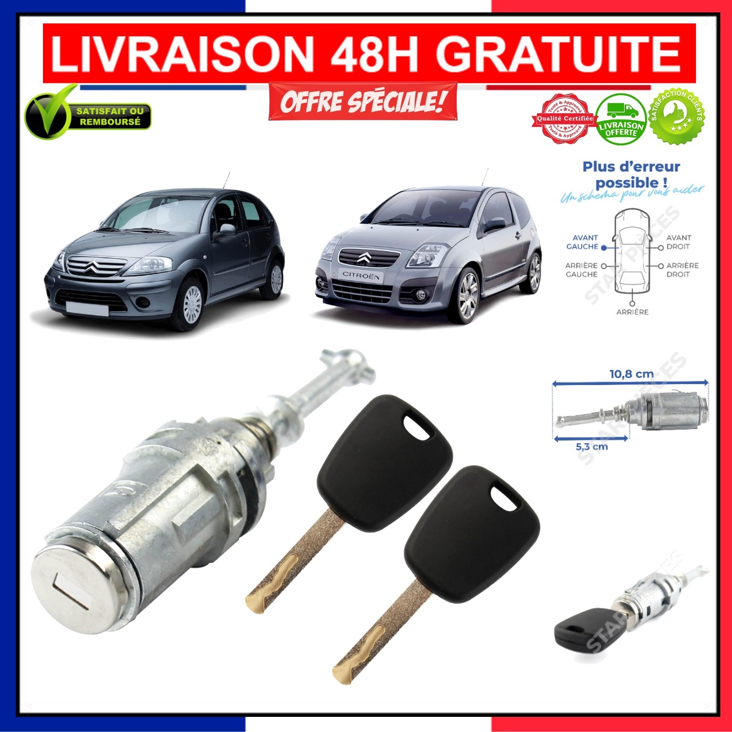 Barillet de serrure Citroen C2 C3 cylindre de porte auto robuste