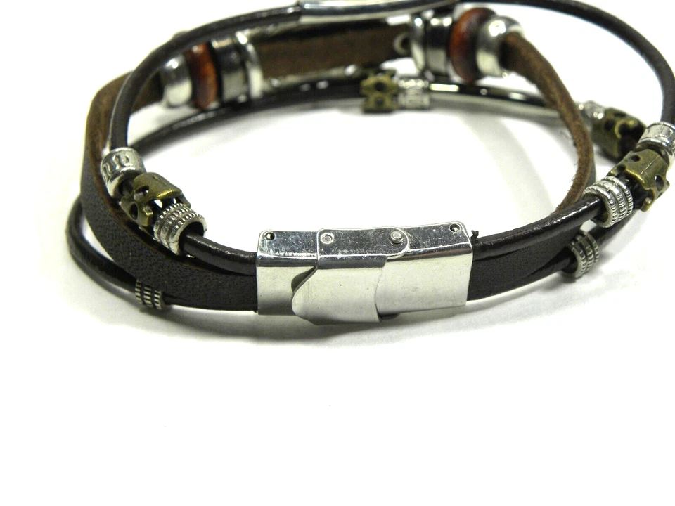 Boho Triple Strand Leather Cord Bracelet Faux Turquoise Cabochon Beaded Brown - Image 3 of 4