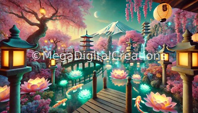 Dreamscape Blossoms: A Surreal Japanese Garden with Mount Fuji - Wallpaper AI
