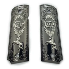 Grips America 1911 Grips Full-Size Metal Grips Panels Black With Silver Colt