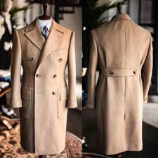 Classic Wool Blend Mens Overcoat Double Breasted Long Coat Outwear Peal Lapel