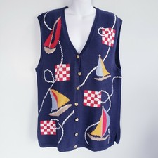 Vtg Sweater VEST Sz Large PORTRAITS by NORTHERN ISLES Hand Knit Sailboat EUC