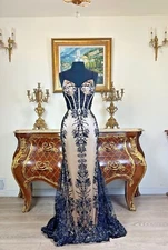 Meier Women's Sheer Corset Bodice Embroidery Sequin Prom Formal Dress