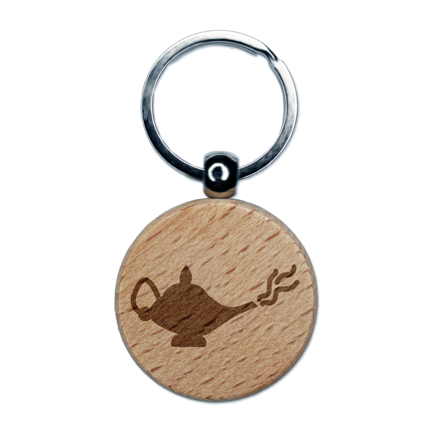 Genie Lamp Engraved Wood Round Keychain Tag Charm