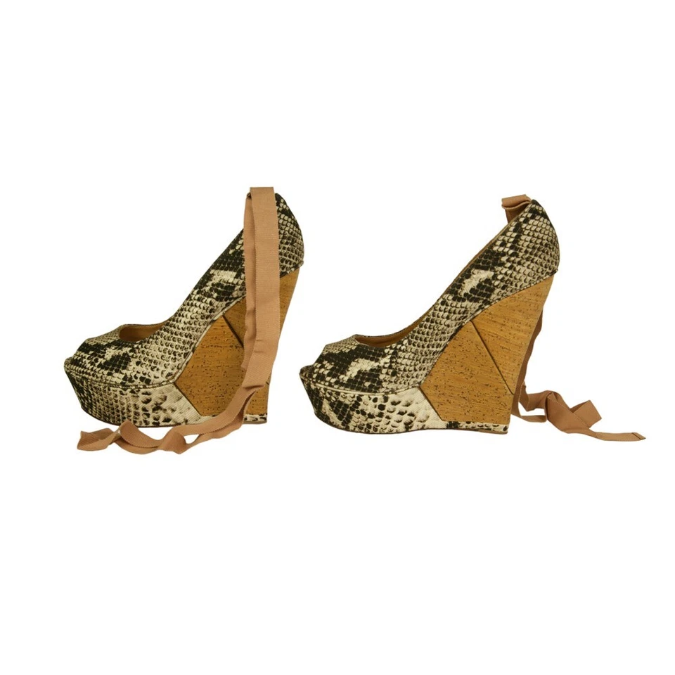 Lanvin Sake Pattern Canvas High Cork Heel Wedges Platform Peep Pumps Shoes 40 - Image 4 of 4