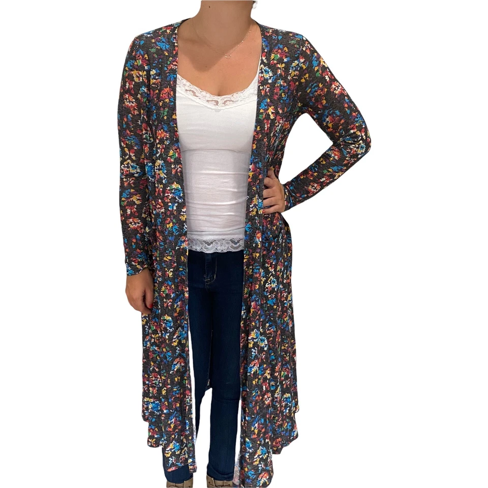 LULAROE Sarah Cardigan Sweater Duster Long Pockets Linen Rainbow Print NWT S 🦄 - Image 3 of 4
