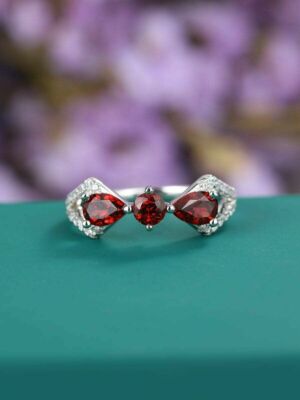 2.7ct Lab-Created Red Garnet Engagement Ring 9k White Gold Plated Unique Trilogy