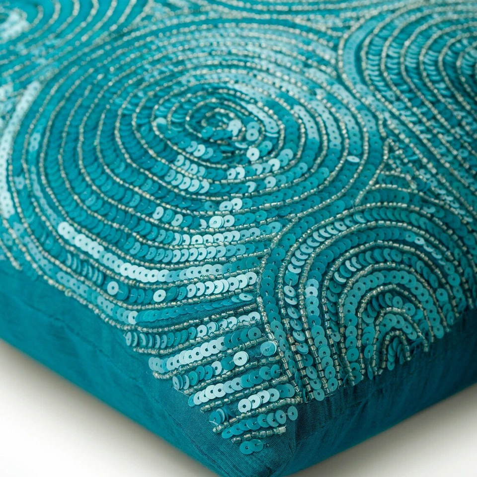 Couch Pillow Cover Blue 16"x16", Bed Decor Silk Circles & Dots - Aqua Touch - Image 2 of 3