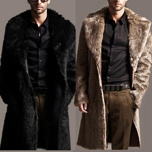 Men Faux Fur Coat Mens Winter Warm Thicker Long Jacket Overcoat Parka Outwear - Picture 2 of 11