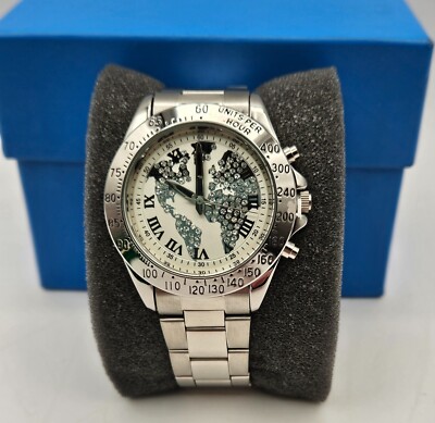 Men's Adrienne World Map Watch White Face Clear Rhinestones 40mm