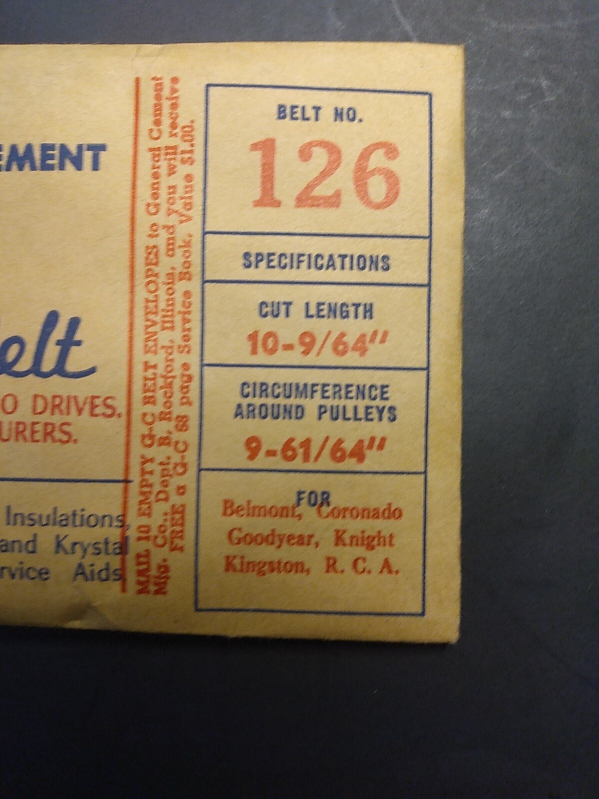 Vintage General Cement Radio Dial Belt 126 For Belmont Coronado