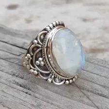 Rainbow Moonstone 925 Sterling Silver Handmade Statement  Ring All Size R224