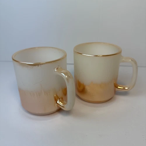 Vtg 2 FIRE KING WARE D HANDLE Coffee Mug in PEACH LUSTER w White Wash L37