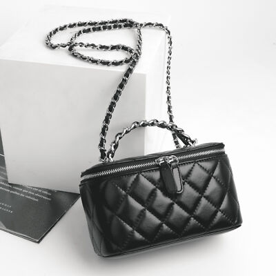 Quilted Genuine Leather Vanity Case Purse Mirror Shoulder Bag Crossbody w/ Chain