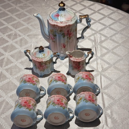RS Prussia Pink Rose Tea Set 10Pc 6 Cups Teapot Cream Sugar Gold Wreath Mark