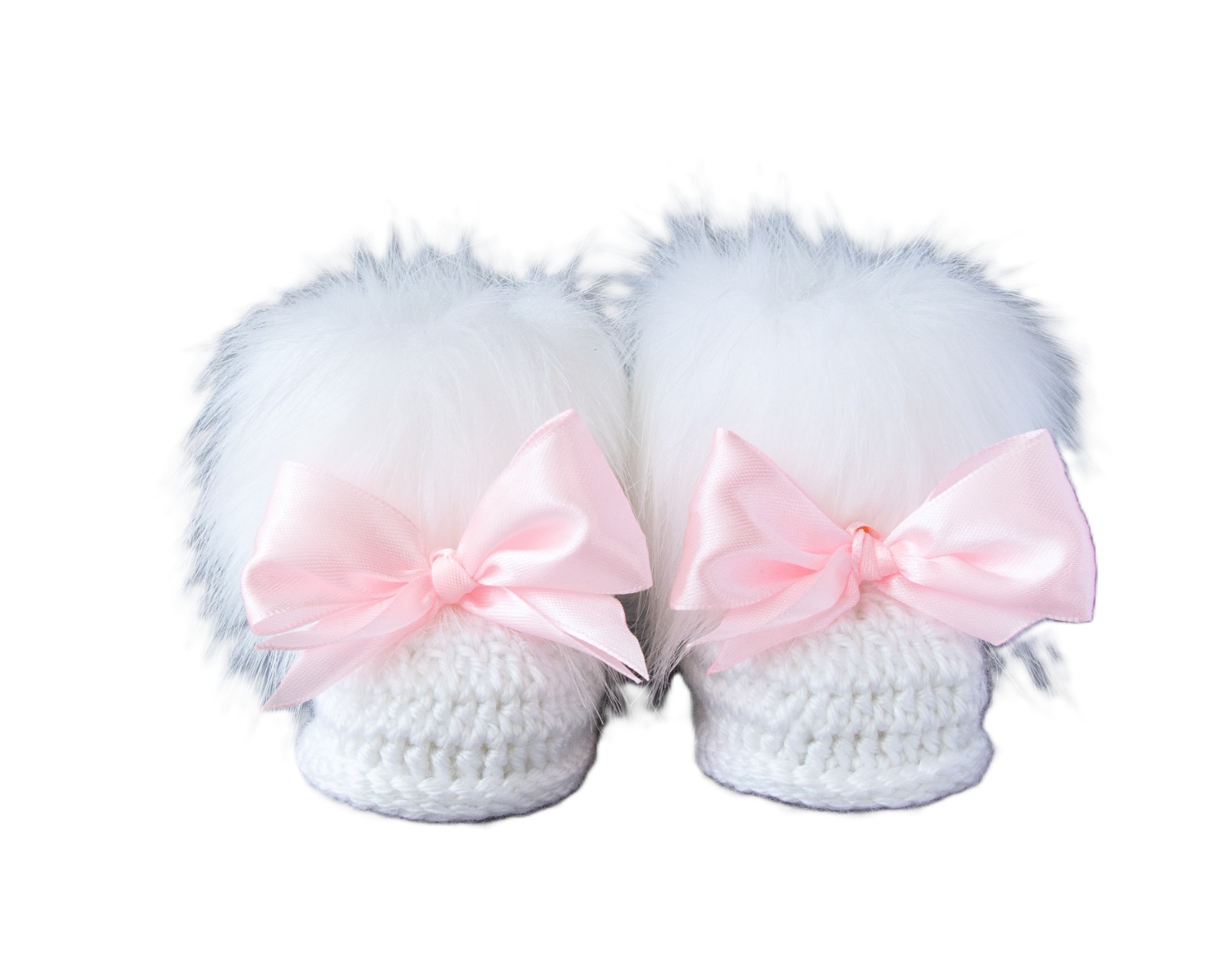 White baby girl faux fur pink bow booties, Newborn girl shoe