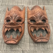 Vintage Hand Carved Wooden Tribal Masks Pair Philippine Wall Decor Boho Tiki