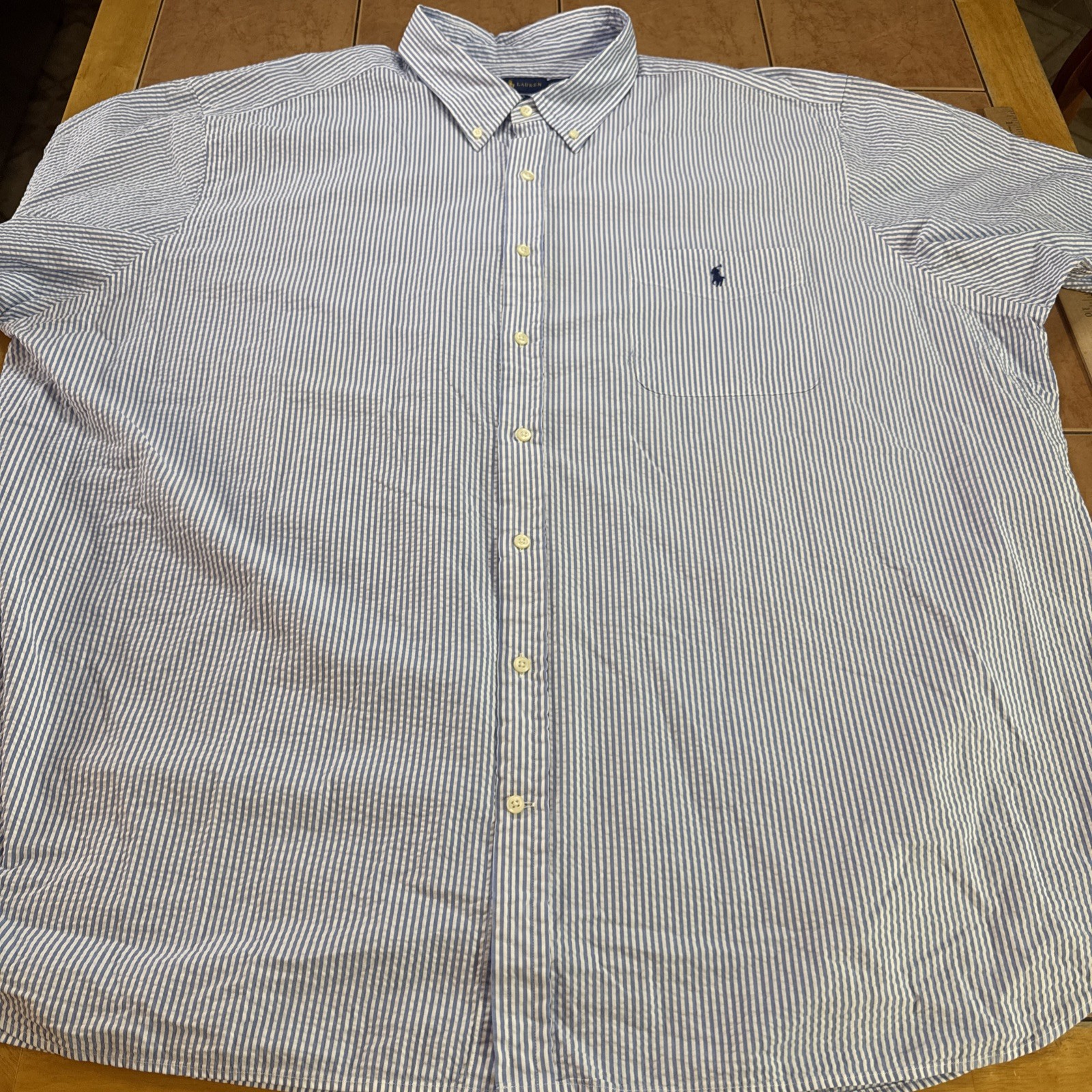 Polo Ralph Lauren Shirt Mens 4XL Big 4XB Blue Seersucker Short Sleeve Pony Logo