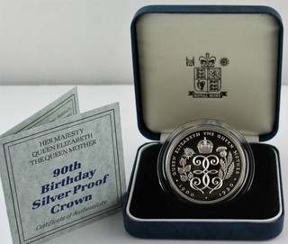 1990 Royal Mint Queen Mother 90th Birthday Silver Proof Crown £5 coin COA Box