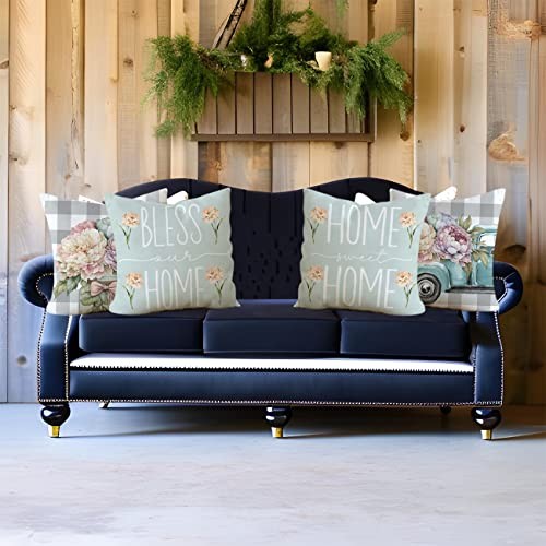 Farmhouse Spring Summer Pillow Covers 18x18 Set of 4 Buffalo Plaid Flower - Picture 4 of 7